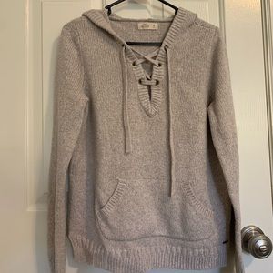 Lace Up Hooded Pull Over Cream Sandy Sweater